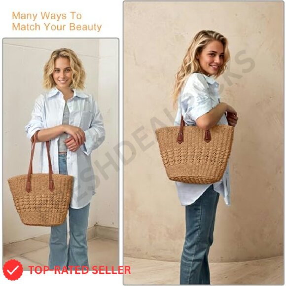 Straw Woven Tote Handbag Summer Vacation Travel Boho Chic Shoulder Bag - Picture 4 of 8